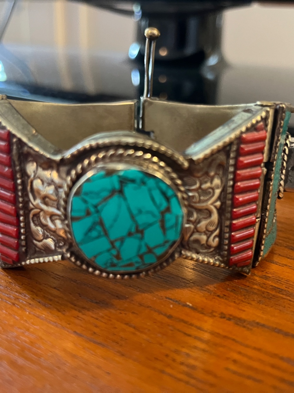 Moroccan Turquoise and Coral Statement Cuff Bracelet - Women Jewelry